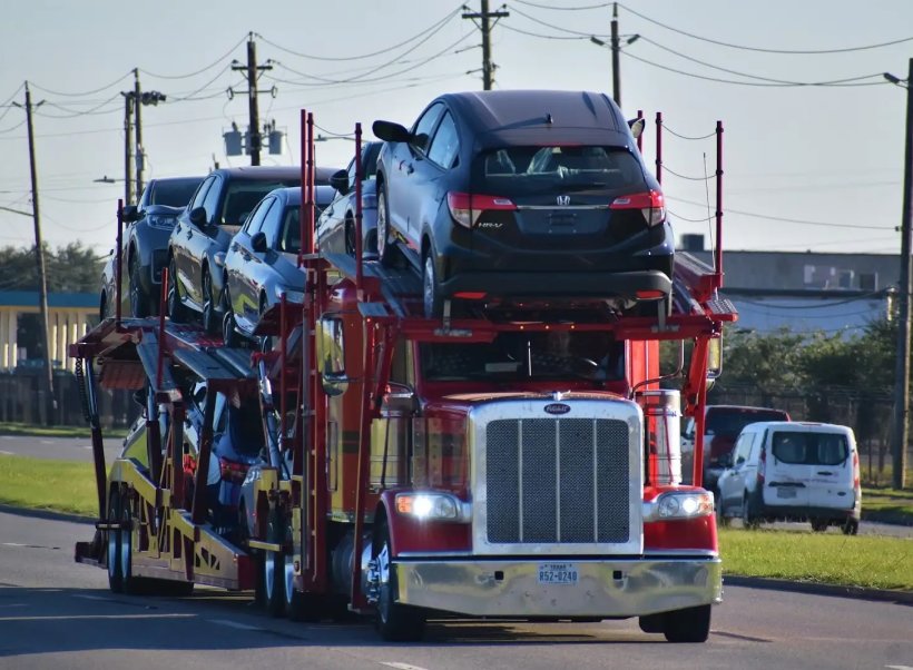 Red truck with cars